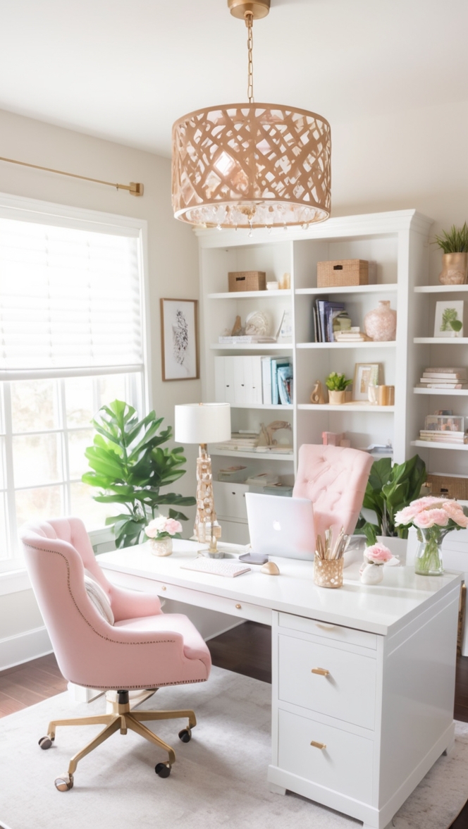 feminine home office design, modern office decor, stylish workspace ideas, chic home office design, elegant office decor