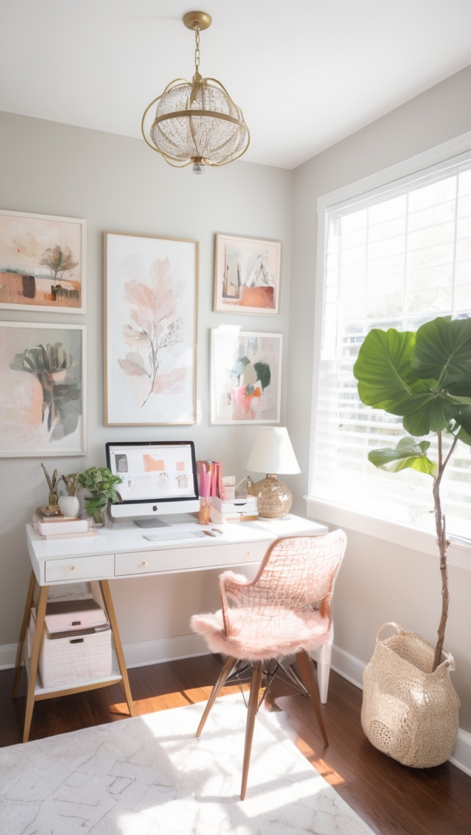 feminine home office design, modern office decor, stylish workspace ideas, chic home office design, elegant office decor