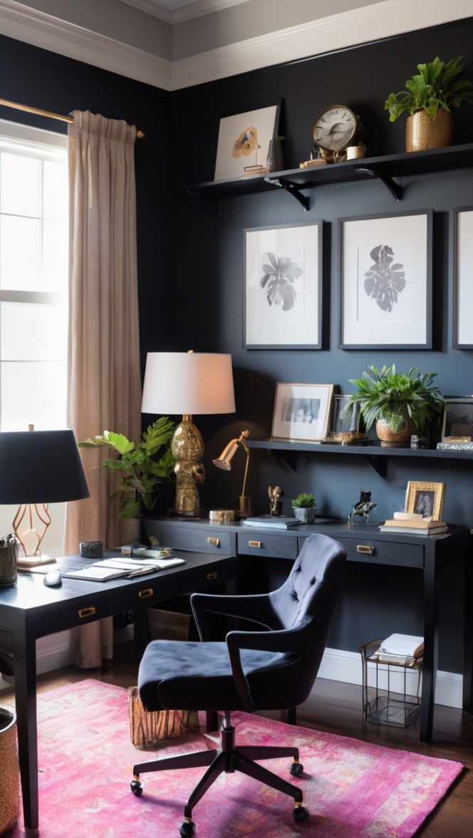 Black home office furniture, Black office decor, Moody home office design, Sophisticated workspace ideas, Dark office interior