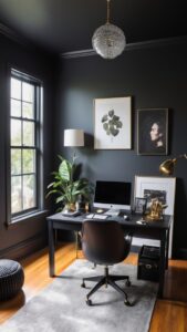 Black home office furniture, Black office decor, Moody home office design, Sophisticated workspace ideas, Dark office interior