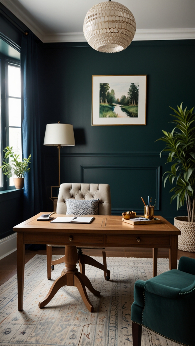 Navy blue home office, Sage green furniture, Home office decor ideas, Elegant home office, Stylish office furniture