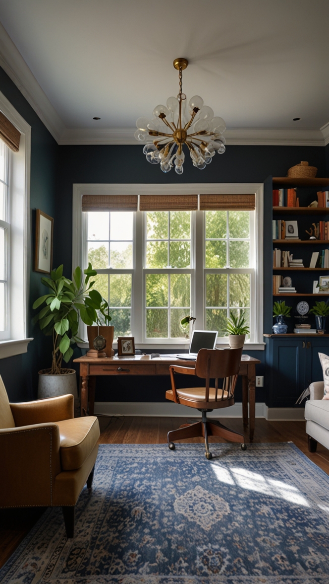 Navy blue home office, Sage green furniture, Home office decor ideas, Elegant home office, Stylish office furniture