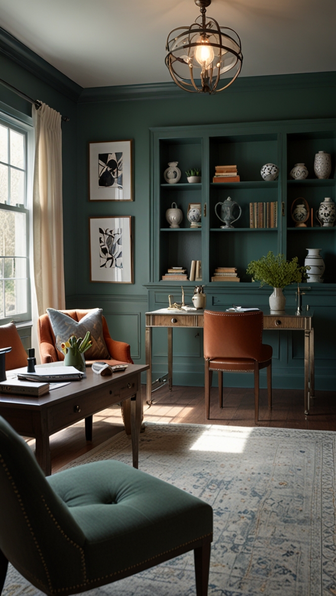 home office furniture, green office decor, pewter green room ideas, office design inspiration, luxury home office