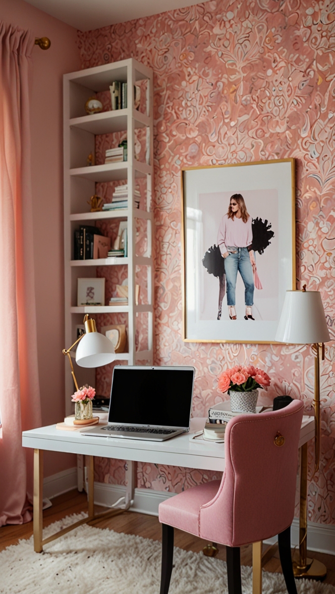 Feminine home office design, Pink office decor, Stylish home office, Productive workspace, Interior design ideas