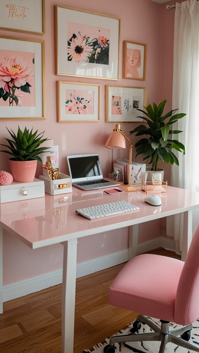 Feminine home office design, Pink office decor, Stylish home office, Productive workspace, Interior design ideas