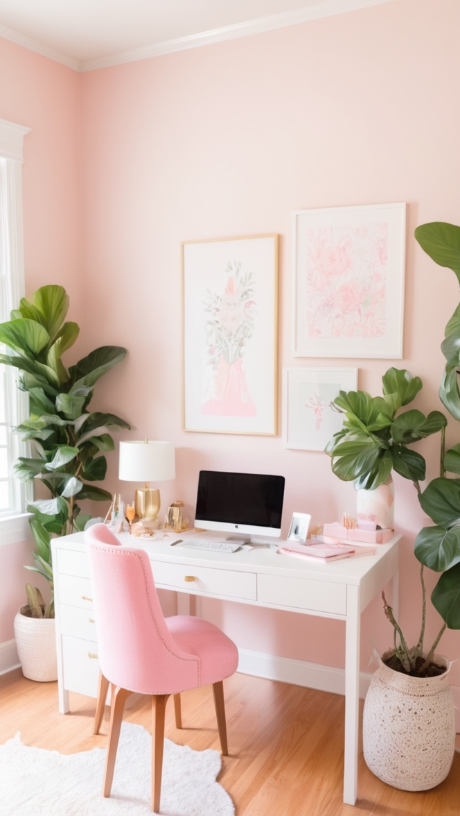 pink home office decor,pink office accessories,pink home office ideas,feminine home office decor,stylish home office design