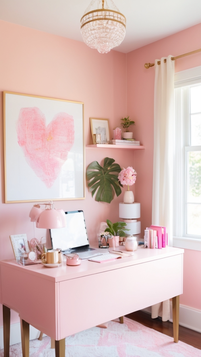 pink home office decor,pink office accessories,pink home office ideas,feminine home office decor,stylish home office design