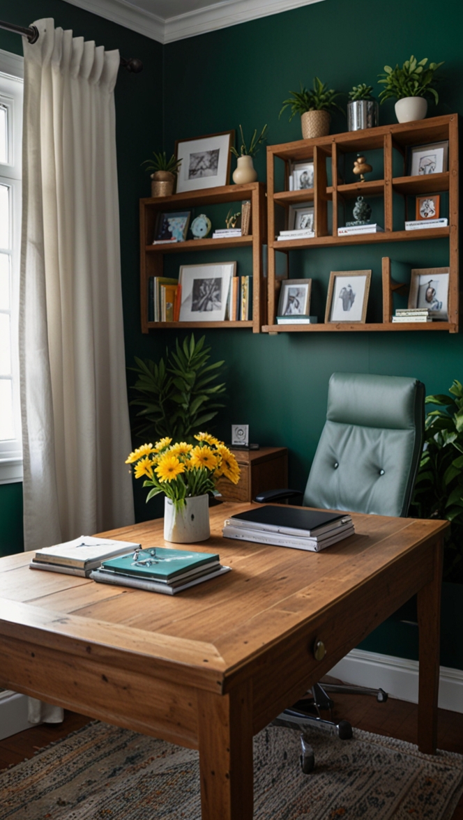 chic home office, home office design, Evergreen Palette, home office decor, office interior design