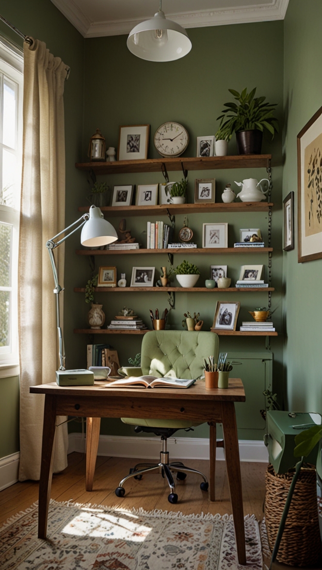 home office decor, sage green paint, interior design, office renovation, modern workspace