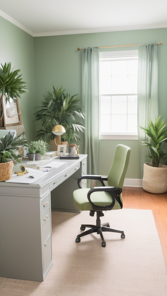 Sage Green Office Decor, Office Decor Ideas, Green Office Design, Sage Green Paint, Office Color Scheme