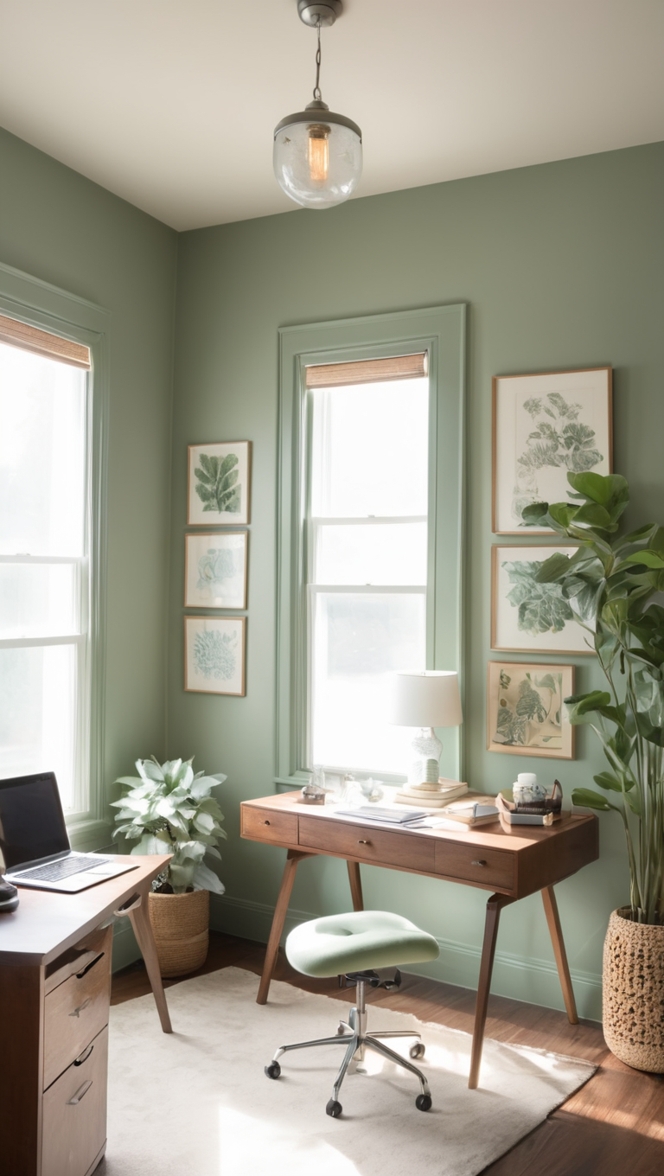 Sage Green Office Decor, Office Decor Ideas, Green Office Design, Sage Green Paint, Office Color Scheme