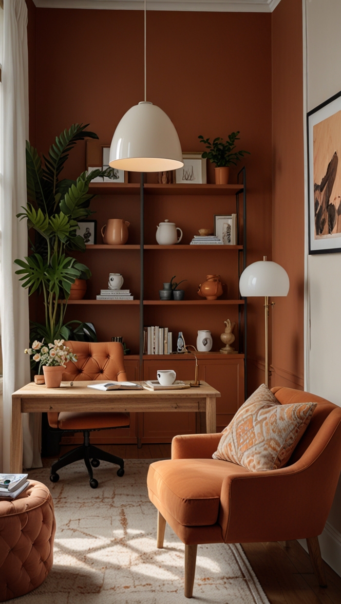1. Terra Cotta office decor 2. Cozy home workspace 3. Terracotta color scheme 4. Office design ideas 5. Terracotta paint colors