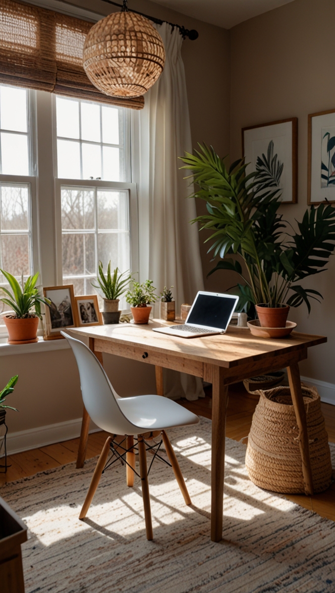 Bohemian inspired office decor, Earth tone office design, Home workspace makeover, Interior design with rustic touches, Stylish boho home office