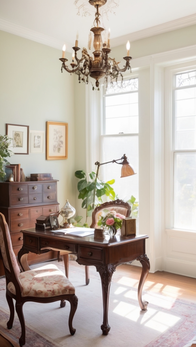 Victorian home office decor, Antique office furniture, Vintage desk accessories, Classic office design, Historical home office style