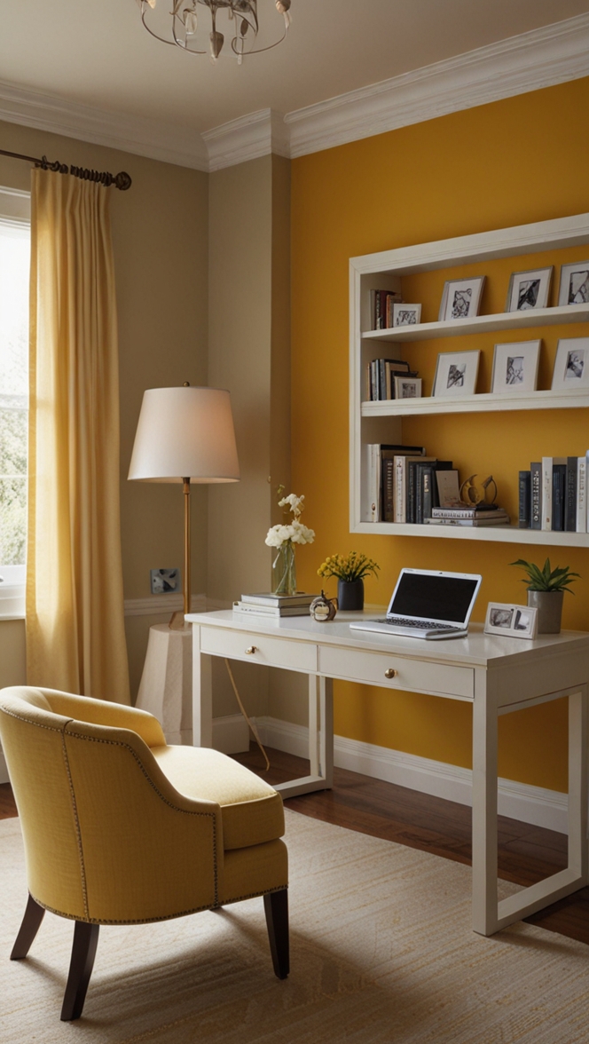 yellow office paint, warm home office colors, office wall paint, best yellow paint, home office decor
