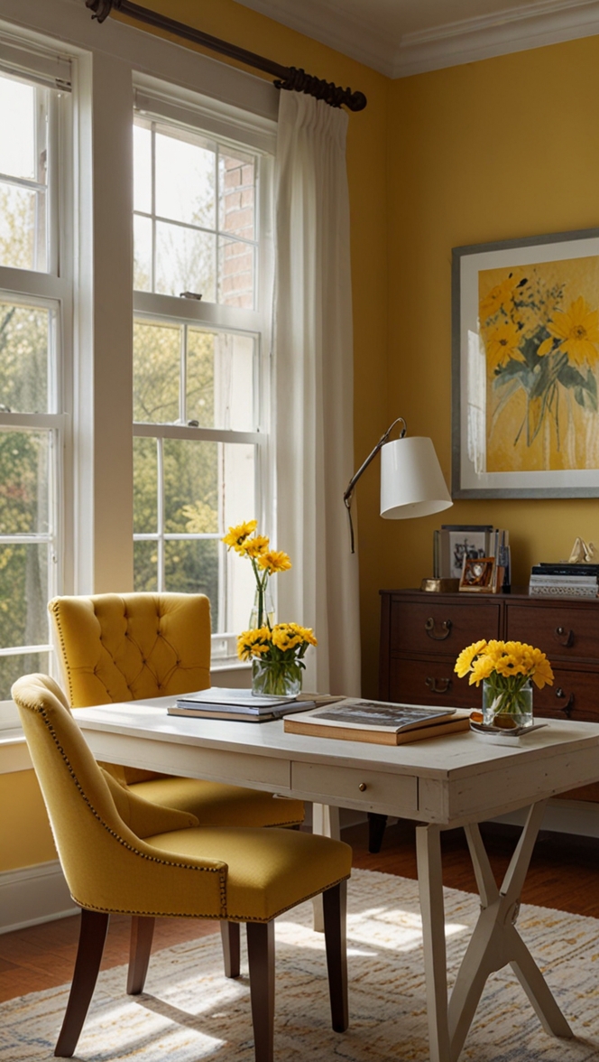yellow office paint, warm home office colors, office wall paint, best yellow paint, home office decor