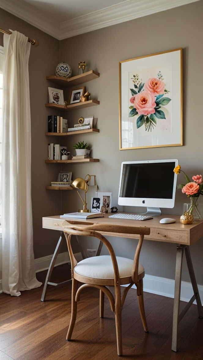 Feminine home office decor, Classy home office design, Chic office space, Elegant office furniture, Stylish home office ideas