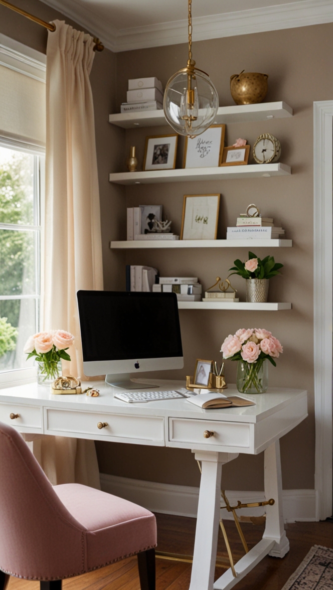 Feminine home office decor, Classy home office design, Chic office space, Elegant office furniture, Stylish home office ideas