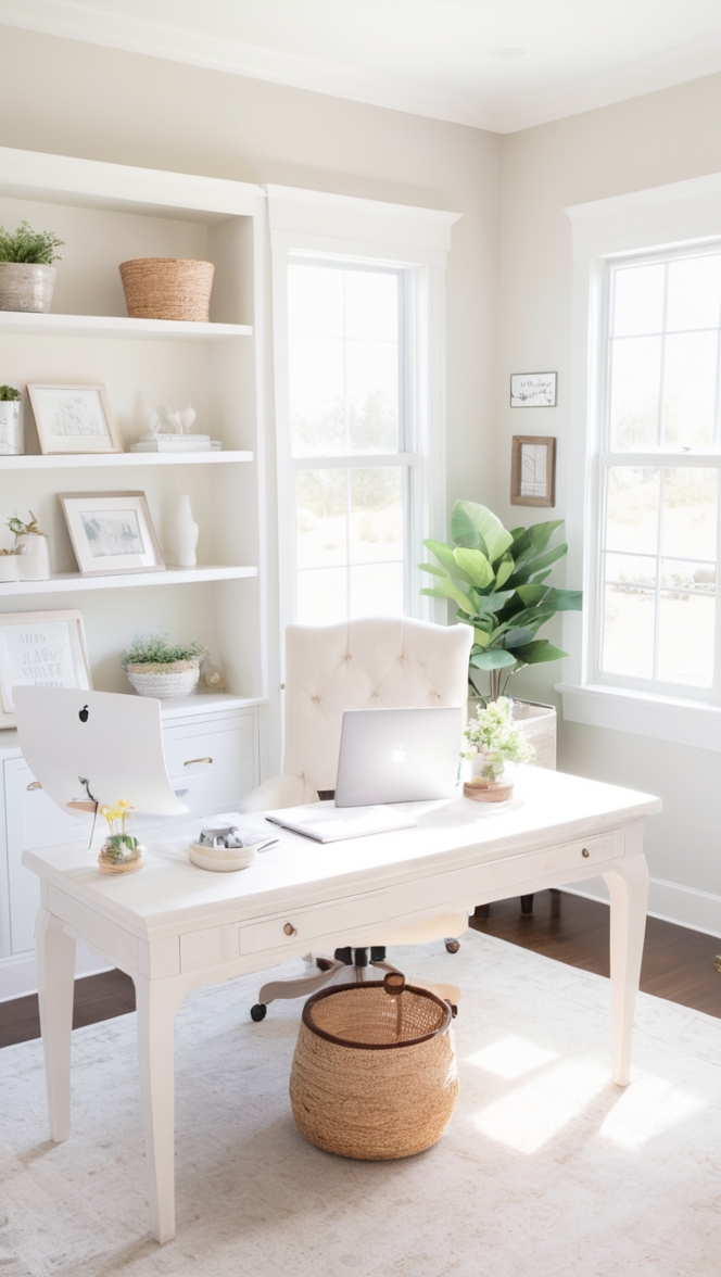 white Alabaster Farmhouse-Inspired Home Office, Alabaster Office Decor, Farmhouse Office Design, Rustic Home Office Ideas, Vintage Farmhouse Workspace