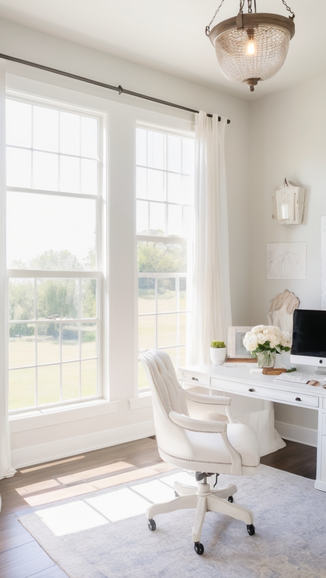 white Alabaster Farmhouse-Inspired Home Office, Alabaster Office Decor, Farmhouse Office Design, Rustic Home Office Ideas, Vintage Farmhouse Workspace