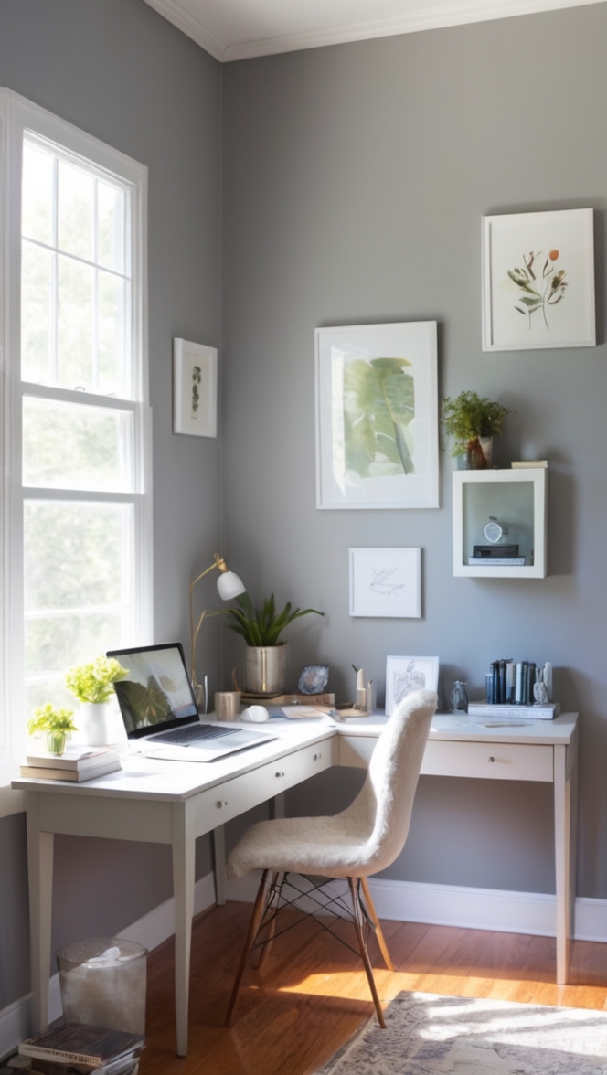 Tranquil home office, Gray paint ideas, Home office transformation, Austere home decor, Serene workspace