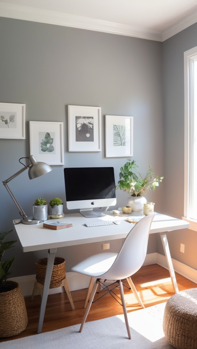 Tranquil home office, Gray paint ideas, Home office transformation, Austere home decor, Serene workspace