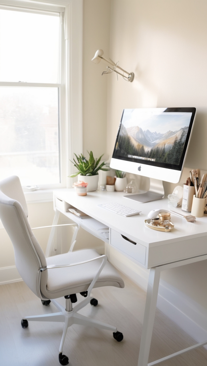 cream paint desk, home office setup, sleek desk, warm cream, home office decor