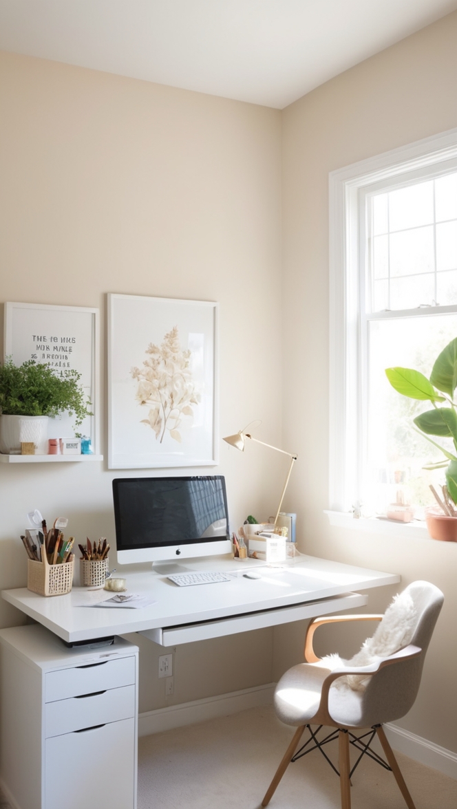 cream paint desk, home office setup, sleek desk, warm cream, home office decor