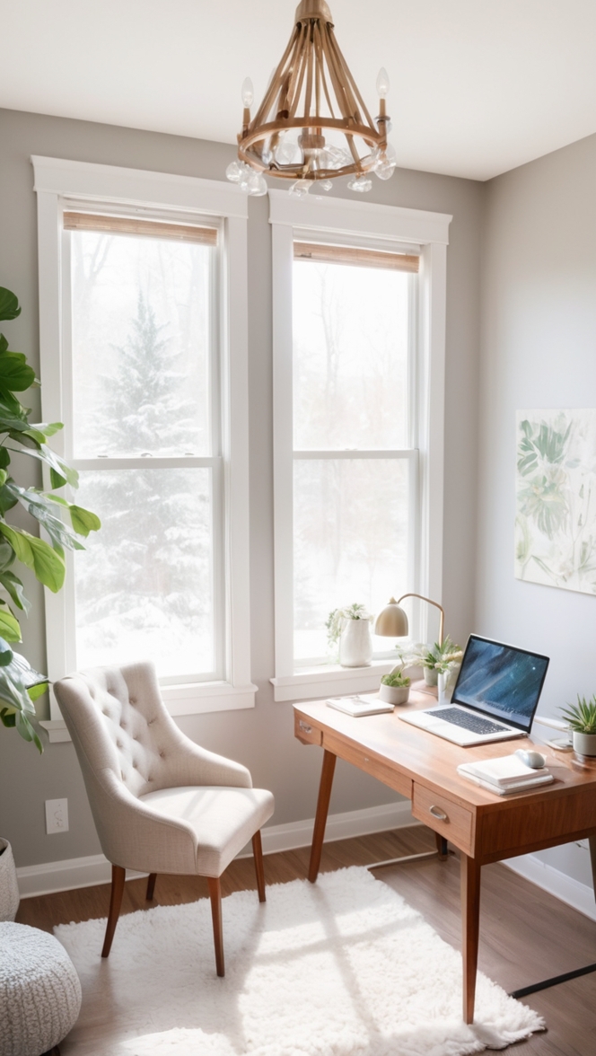 cozy home office decor, winter home office design, cozy office space ideas, warm home office setup, cozy workspace ambiance