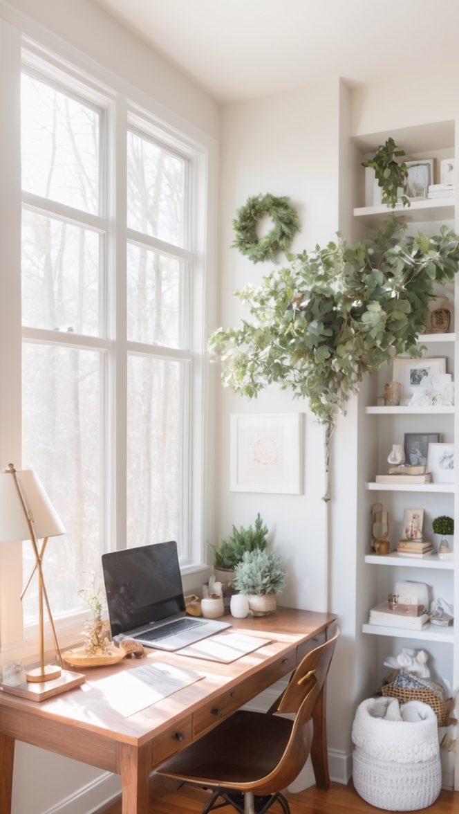 cozy home office decor, winter home office design, cozy office space ideas, warm home office setup, cozy workspace ambiance