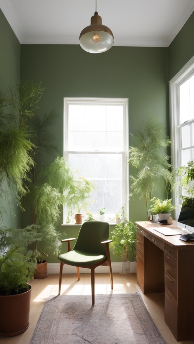 Botanical office decor, Green office walls, Office plant decor, Indoor plant office, Indoor office plants