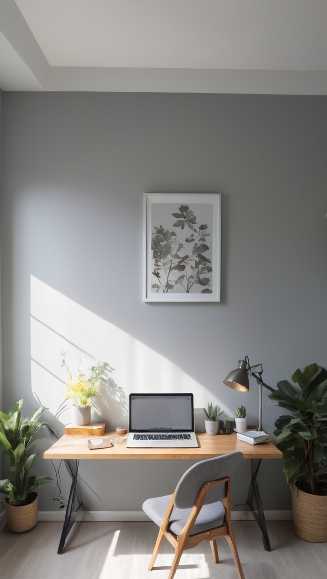 Gray walls, office workspace, home office design, interior design, color palette