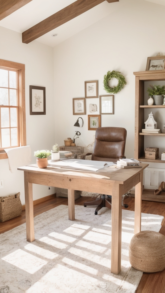 farmhouse decor, vintage style, rustic charm, cottage office, cozy atmosphere