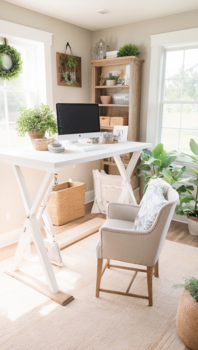 Farmhouse decor, Home office design, Budget-friendly furniture, Vintage office accessories, Rustic workspace ideas