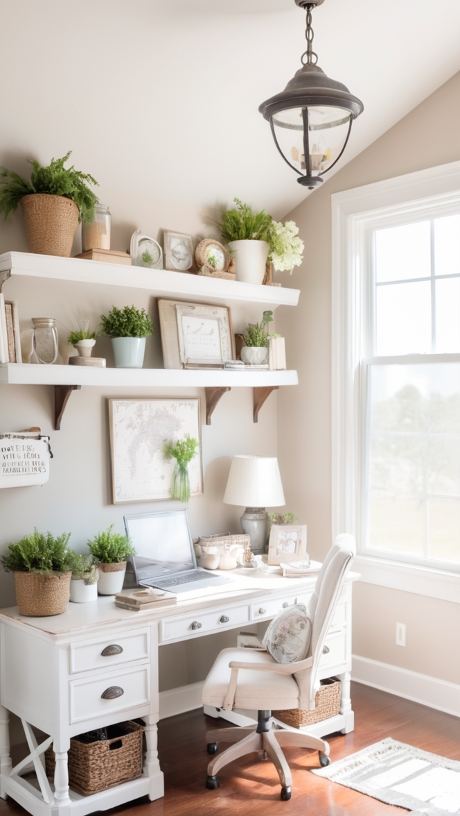 Farmhouse decor, Home office design, Budget-friendly furniture, Vintage office accessories, Rustic workspace ideas