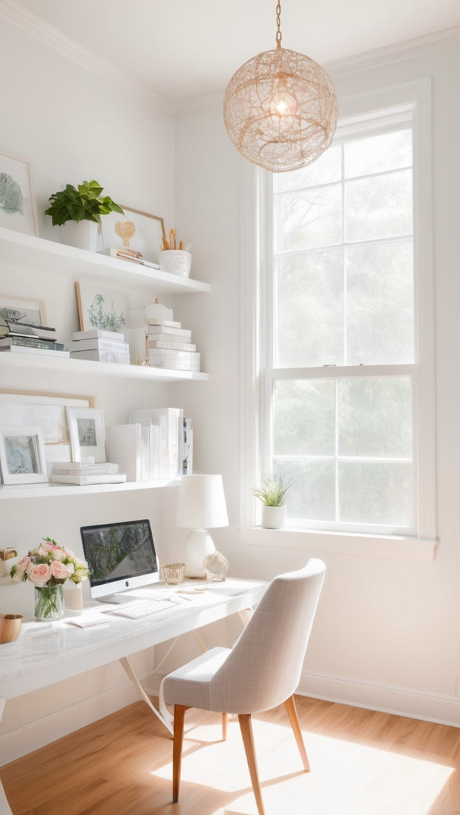 Home office decor, Desk organization, Office lighting, Home office furniture, Neutral color palette