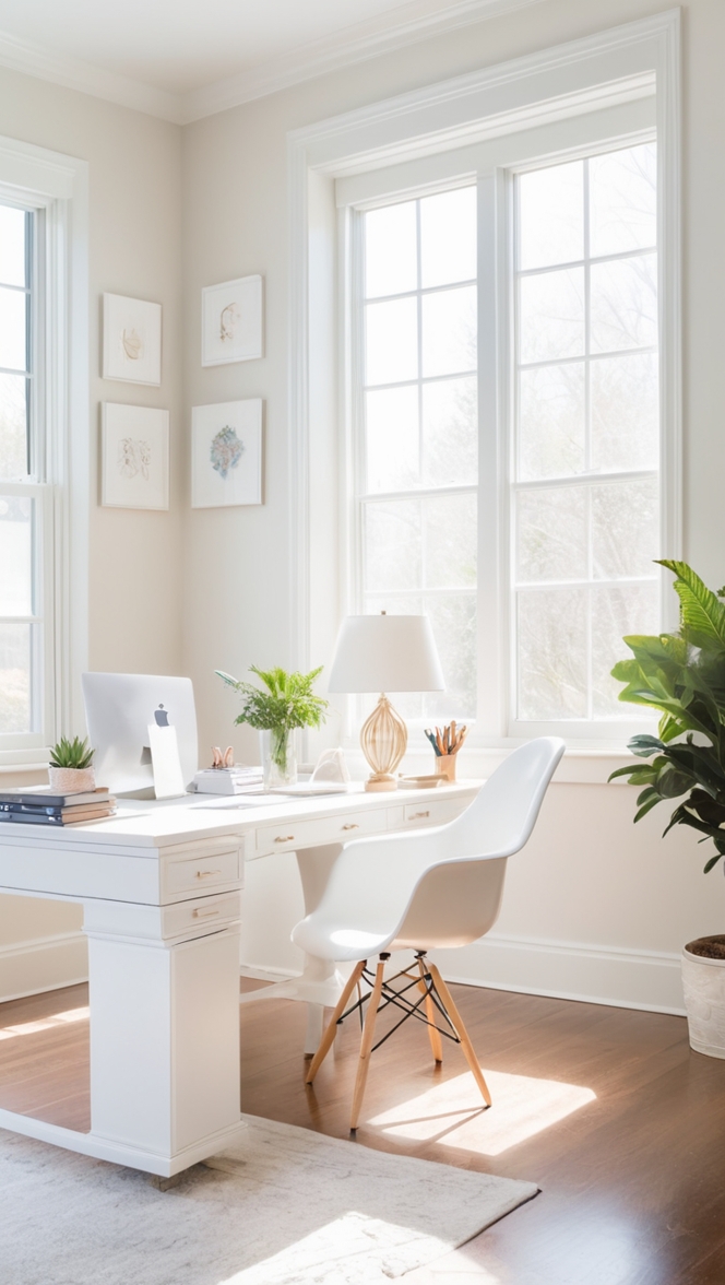 Home office decor, Desk organization, Office lighting, Home office furniture, Neutral color palette
