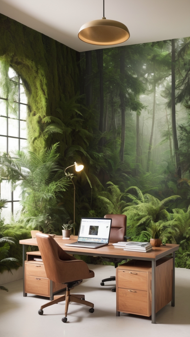 Forest theme office design, Natural decor ideas, Eco-friendly workspace, Biophilic office design, Zen office environment