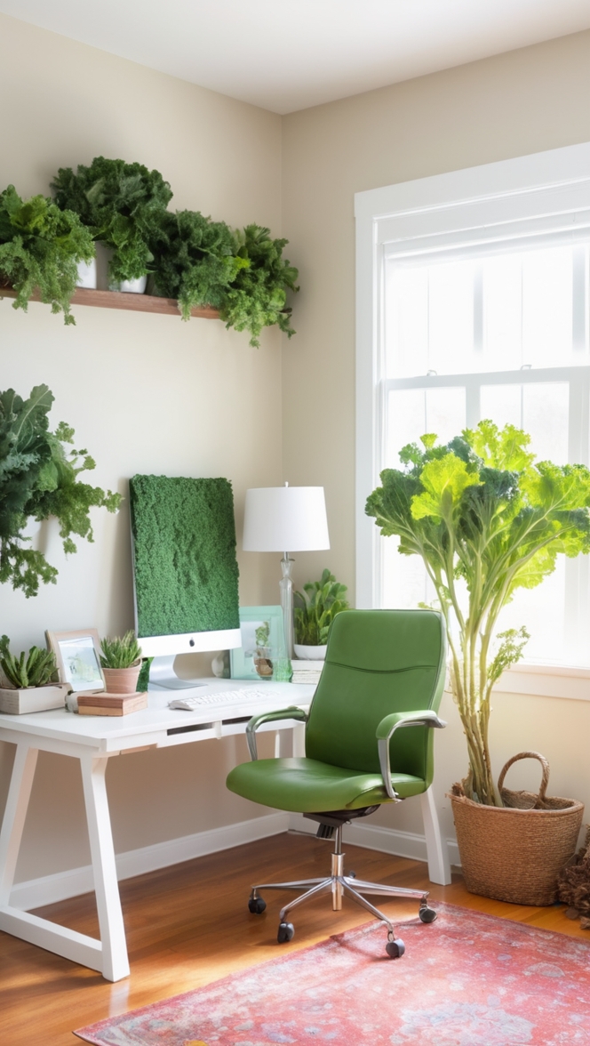 home office decor, indoor plants, greenery decor, modern office design, botanical aesthetics
