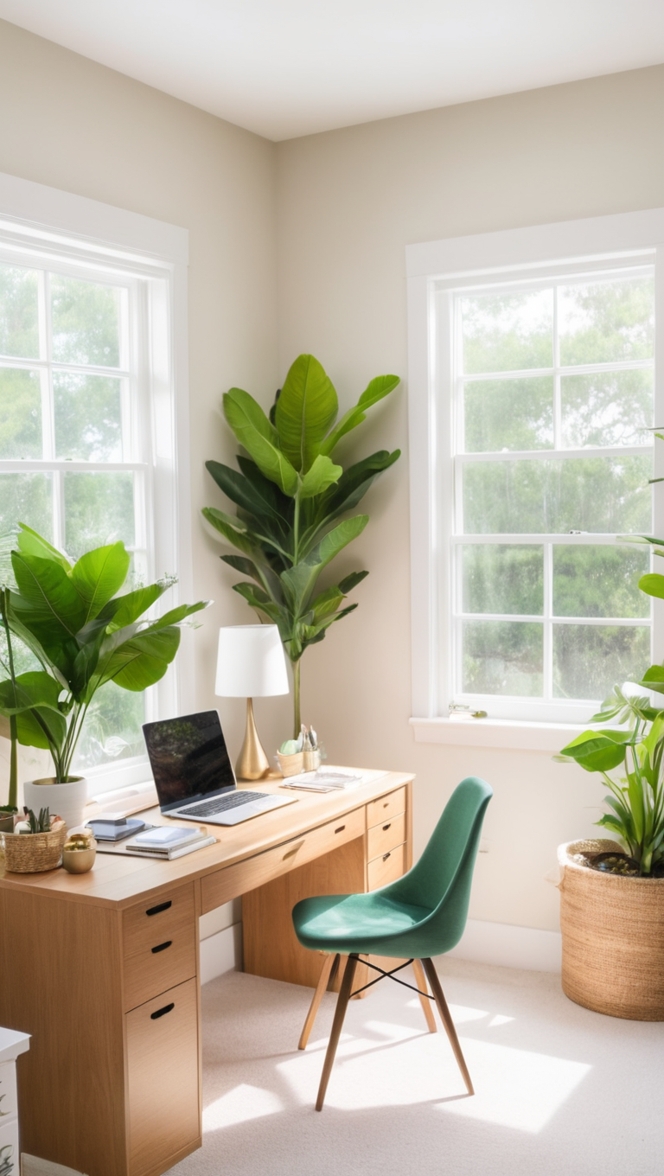 natural home office decor, green office design, plant-filled workspace, eco-friendly office makeover, sustainable office interior