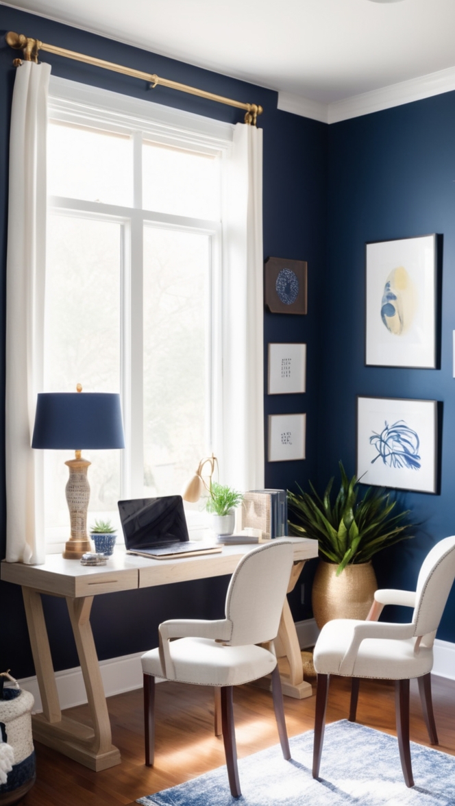 Navy Blue Home Office, Sophisticated Office Design, Bold Home Office Decor, Navy Blue Office Ideas, Elegant Home Office Style