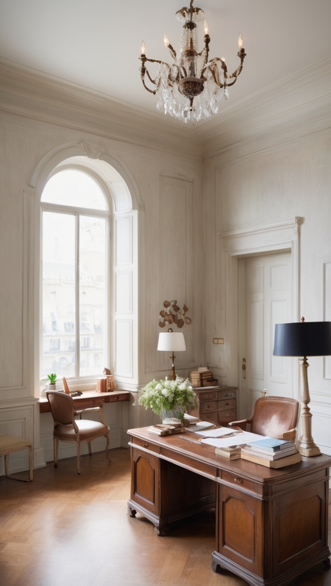 Parisian office decor, Parisian chic office, elegant office design, light and airy office, sophisticated office decor