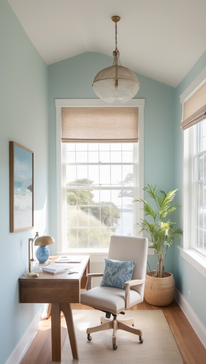 Calming Paint Colors, Coastal Office Decor, Rainwashed Walls, Interior Design Ideas, Home Office Inspiration