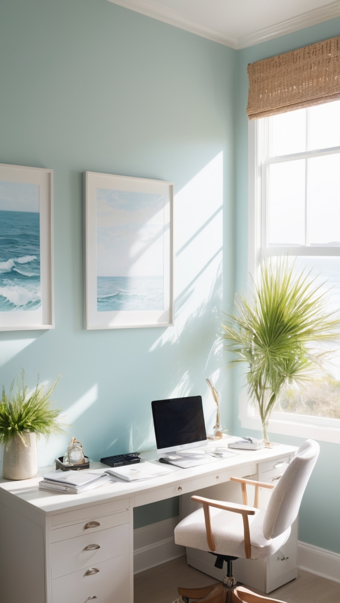 Calming Paint Colors, Coastal Office Decor, Rainwashed Walls, Interior Design Ideas, Home Office Inspiration