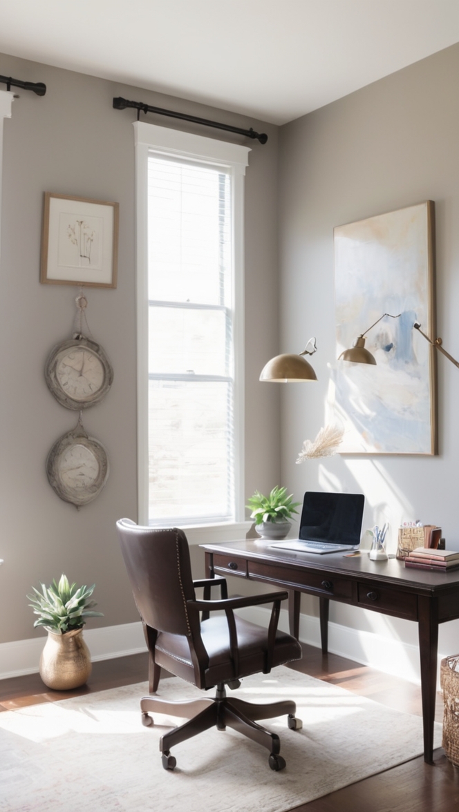 Revere Pewter paint color, office decor ideas, warm and stylish office, interior design tips, neutral paint color palette