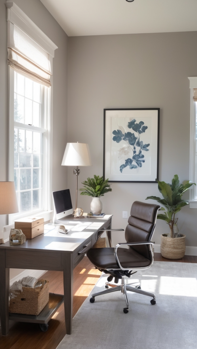 Revere Pewter paint color, office decor ideas, warm and stylish office, interior design tips, neutral paint color palette
