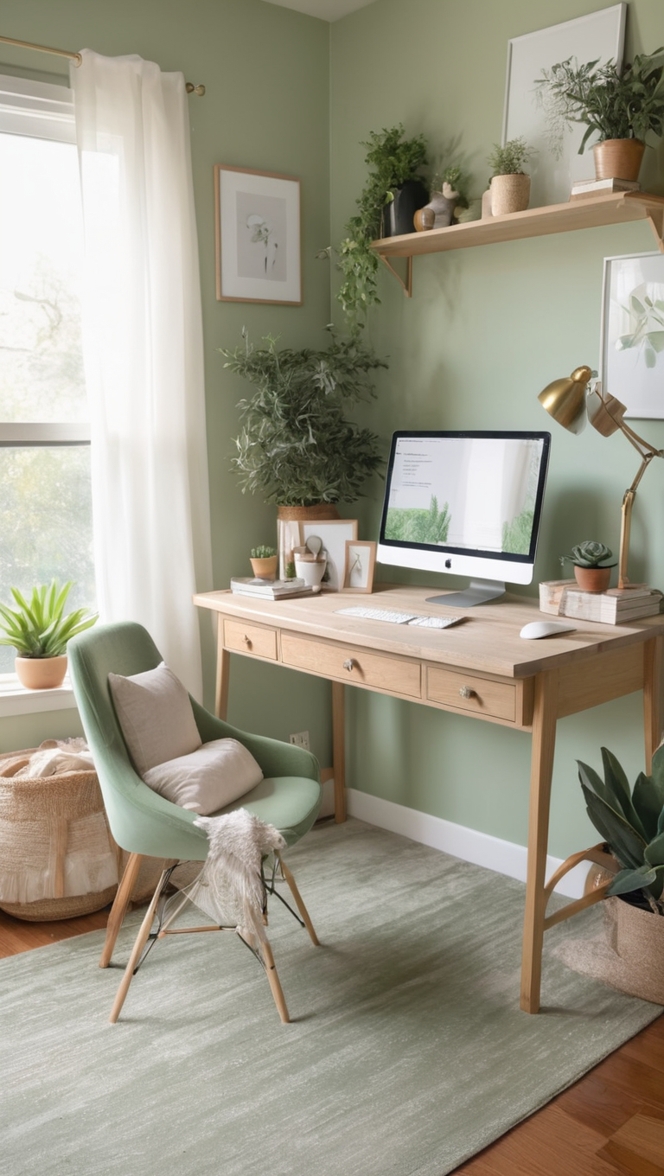 Work-from-home office decor, Sage green home office, Home office decorating ideas, Green office decor, Office space design