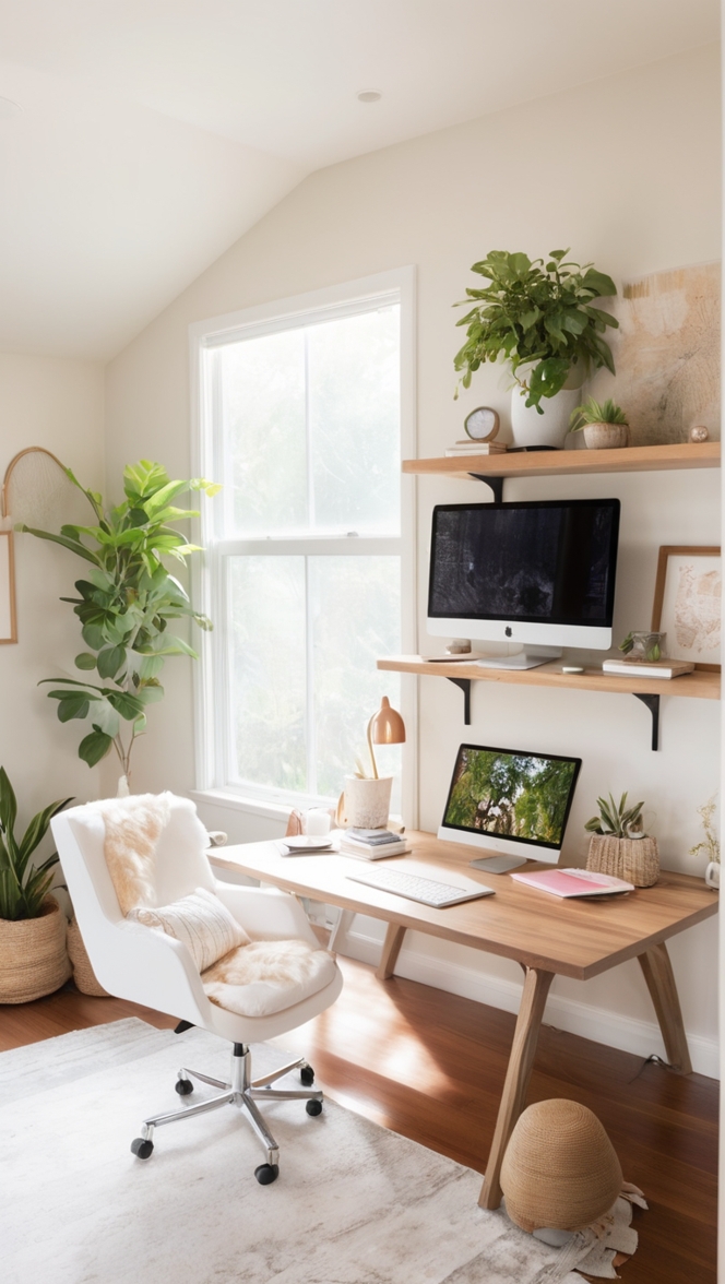 home office decor ideas, home office design inspiration, calming workspace atmosphere, tranquil home office environment, serene office design