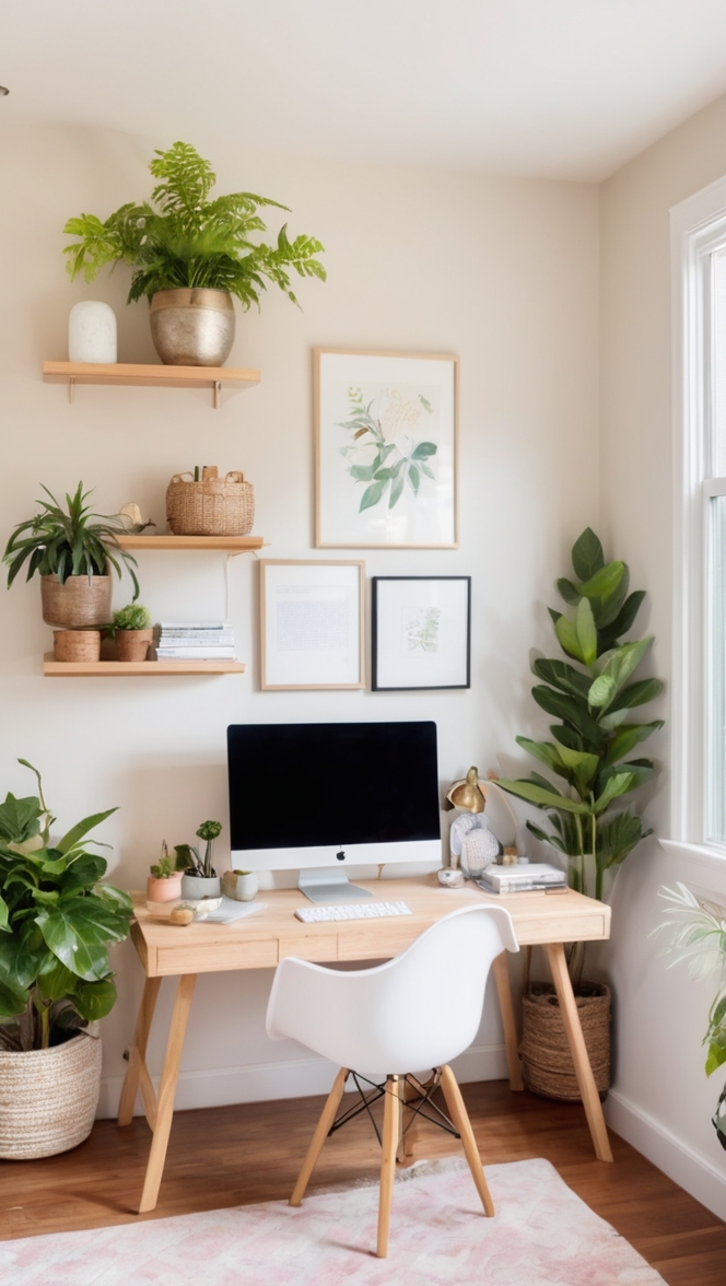 home office decor ideas, home office design inspiration, calming workspace atmosphere, tranquil home office environment, serene office design