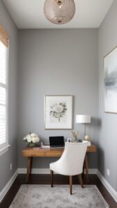Home office decor, Elegant grey decor, Modern office design, Wall accents, Stylish office interiors